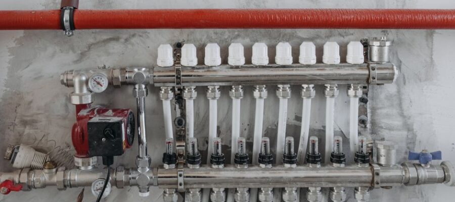 A close-up view of an industrial manifold with pressure gauges and connected steel pipes.