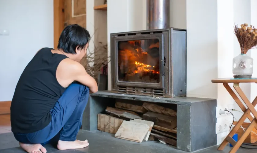 A person enjoys the warmth of a fireplace in a cozy Portuguese living room setting.