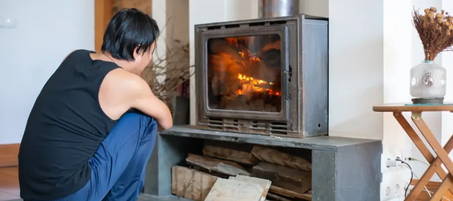 A person enjoys the warmth of a fireplace in a cozy Portuguese living room setting.