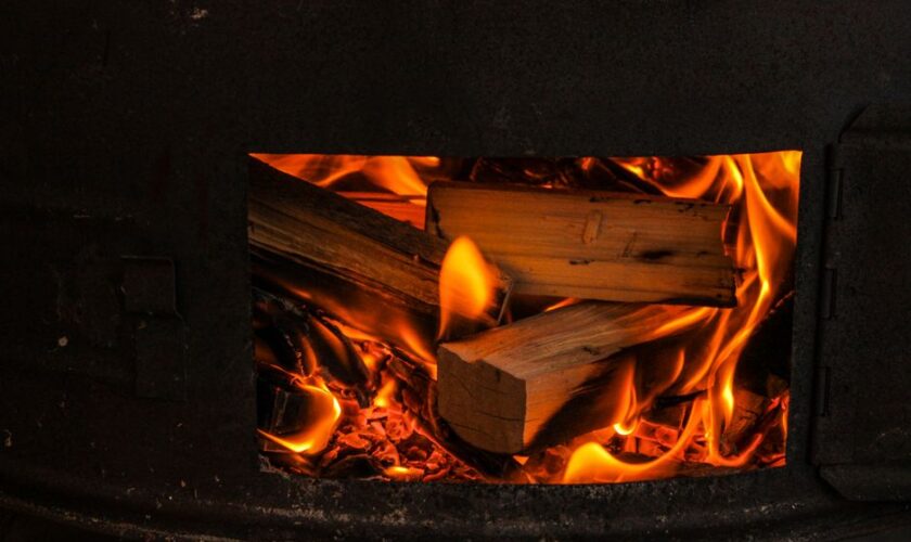 A warm and cozy view of firewood burning in a stove, highlighting the natural flames.