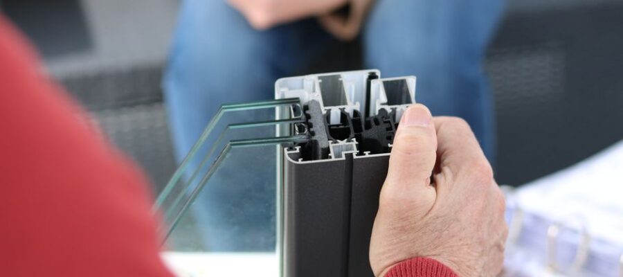 Close-up of hand holding an aluminum window frame sample, ideal for construction themes.