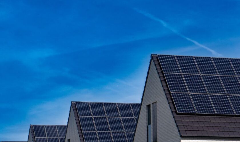 Contemporary homes featuring solar panels under a bright blue sky promoting renewable energy.