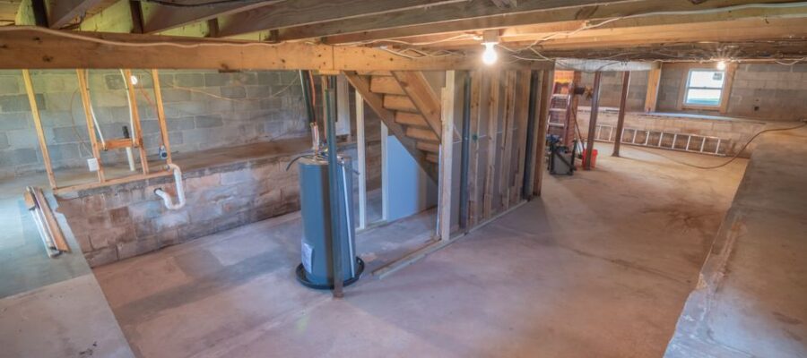 Empty basement with exposed beams and plumbing pipes, ideal for renovation.