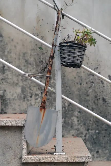 Rusty shovel leaning on concrete stairs with a hanging planter, urban gardening setup.