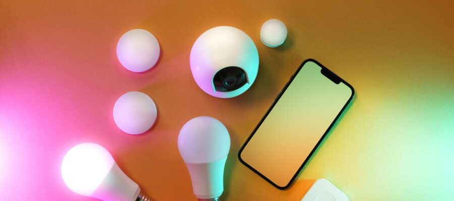A collection of smart home devices including light bulbs and a smartphone, showcasing modern technology.