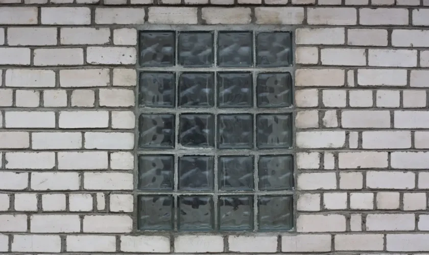 A glass block window set in a white brick wall offers a modern architectural detail.