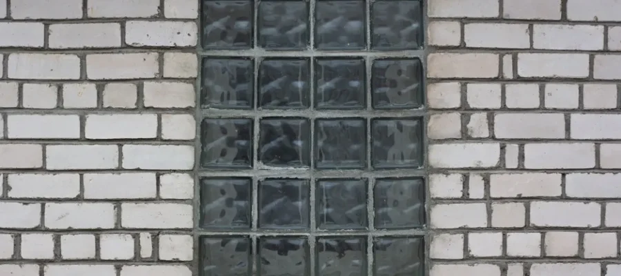 A glass block window set in a white brick wall offers a modern architectural detail.