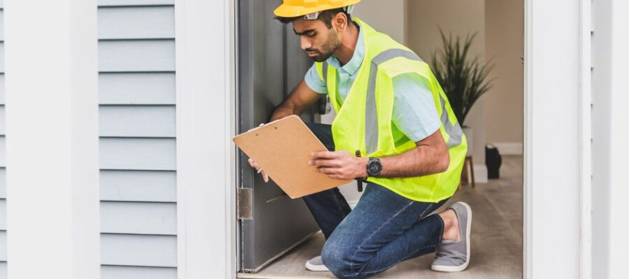A home inspector wearing safety gear examines a house interior for safety compliance.
