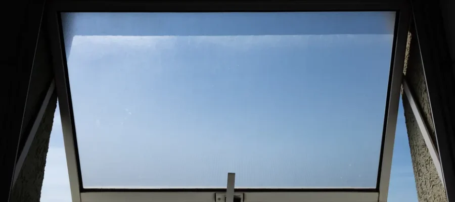 A low angle view of an open skylight window revealing a clear blue sky.