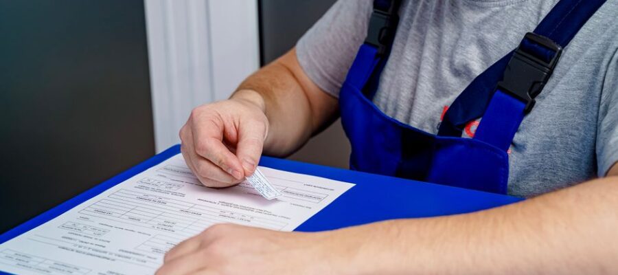 A mechanic in overalls reviews paperwork at a desk in an office setting.