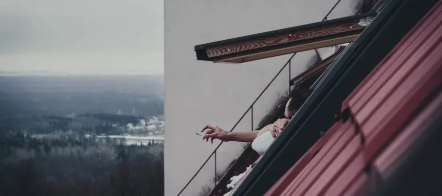 A person reaching out from an attic window overlooking a winter landscape.