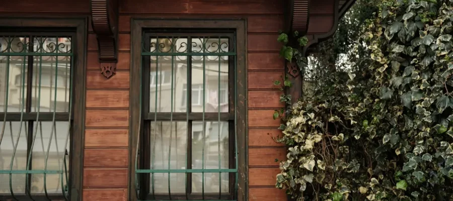 A rustic wooden house facade with iron-barred windows surrounded by ivy.