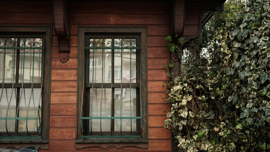 A rustic wooden house facade with iron-barred windows surrounded by ivy.