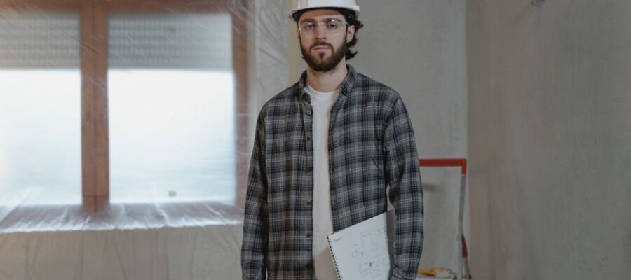 Adult male construction worker holding blueprints in an indoor renovation site.