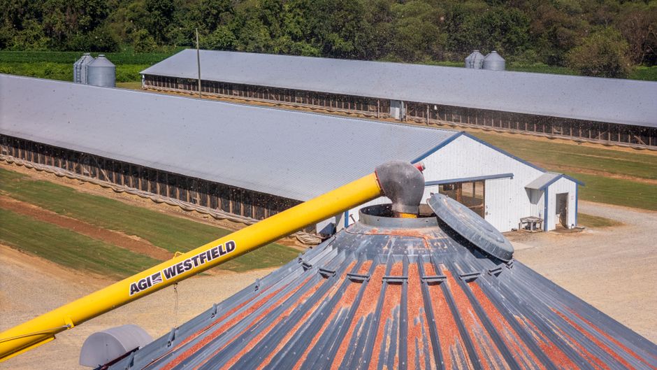 Aerial shot of a farm facility with grain silos and storage buildings on a sunny day.