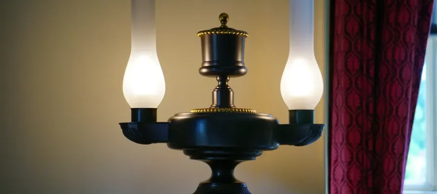 Antique table lamp with glowing bulbs in a classic home interior, creating a warm atmosphere.