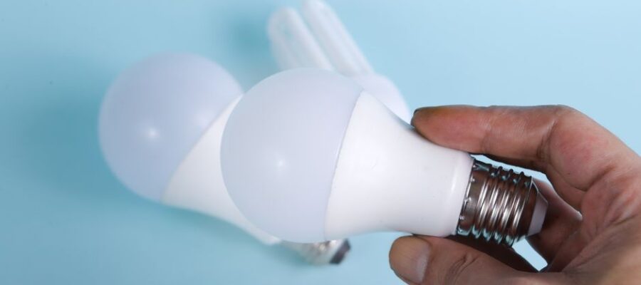 Close-up of hand holding energy-efficient LED light bulbs on a blue background.