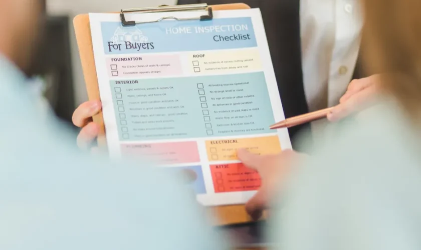 Close-up of hands holding a home inspection checklist clipboard for buyers.
