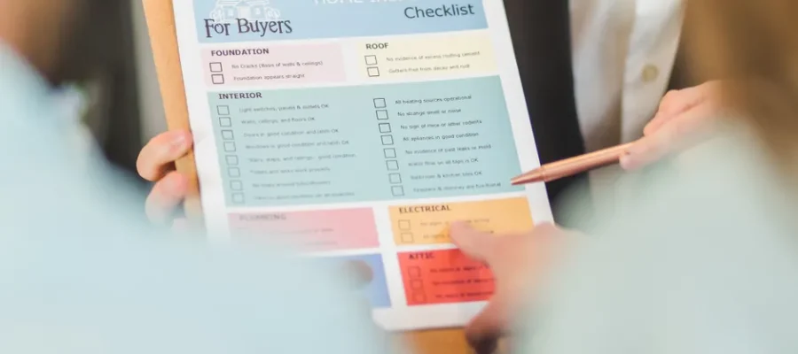 Close-up of hands holding a home inspection checklist clipboard for buyers.