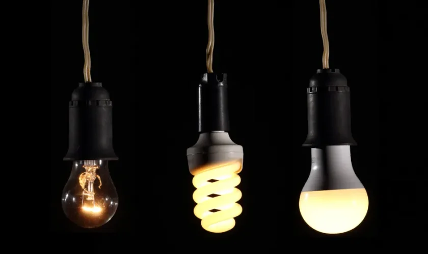 Close-up of incandescent, CFL, and LED bulbs, showcasing the evolution of lighting technology.