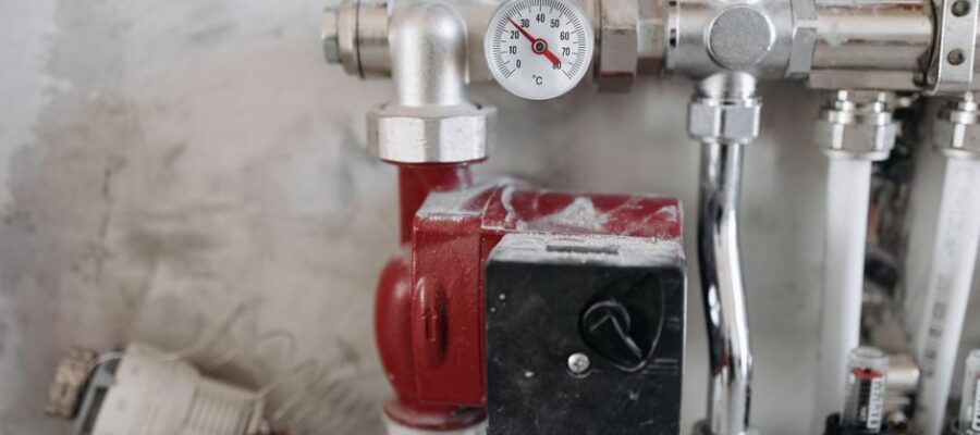 Close-up view of an industrial plumbing system featuring a pressure gauge and steel pipes.