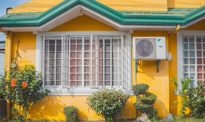 Colorful yellow house exterior with green roof, plants and air conditioner unit.