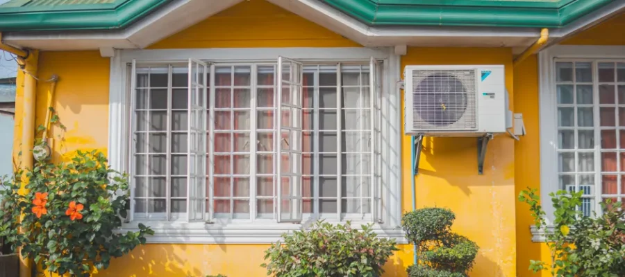 Colorful yellow house exterior with green roof, plants and air conditioner unit.