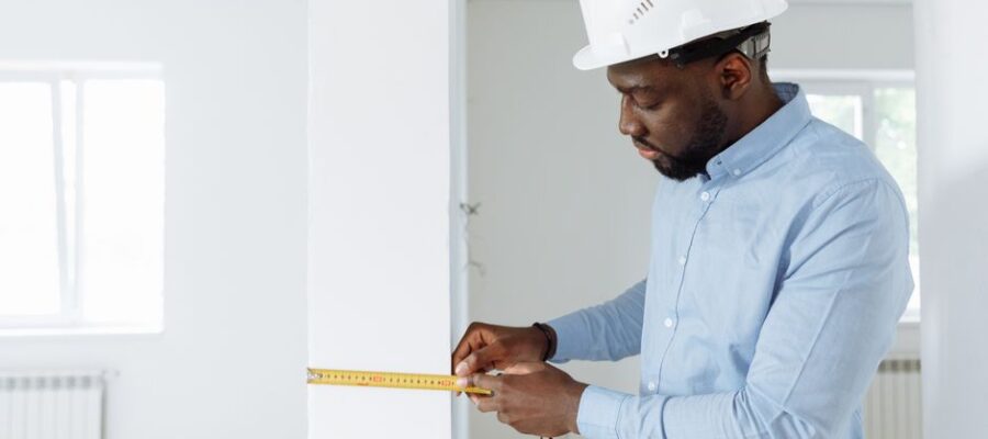 Construction worker measuring a wall indoors, wearing a white hard hat and blue shirt.