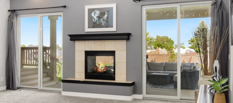 Elegant living room interior with a fireplace, gray walls, and sliding doors leading to a patio.