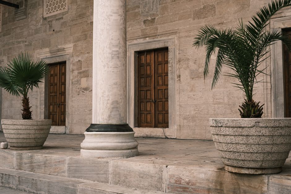Elegant stone architecture featuring potted palm plants beside wooden doors.