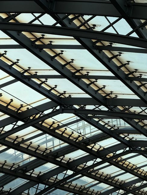 Impressive steel and glass roof design showcasing modern architectural elements and geometric patterns.