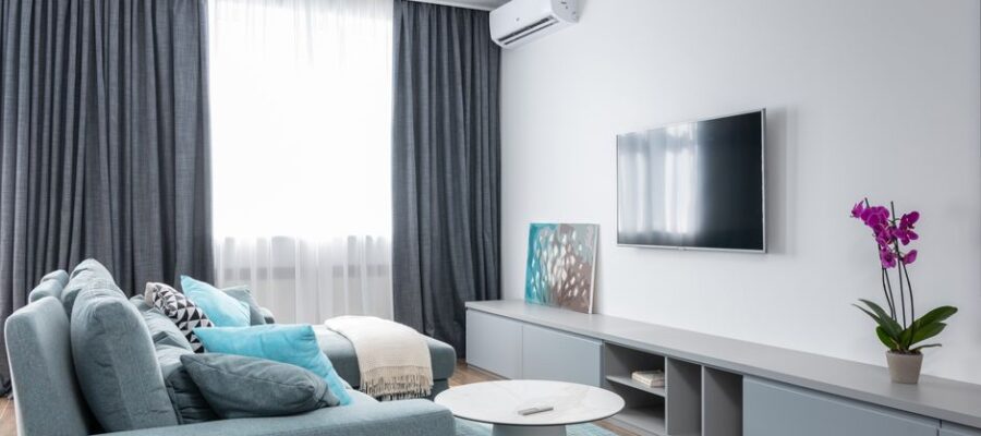 Interior of modern living room with TV on wall and blooming potted flower with picture on shelf