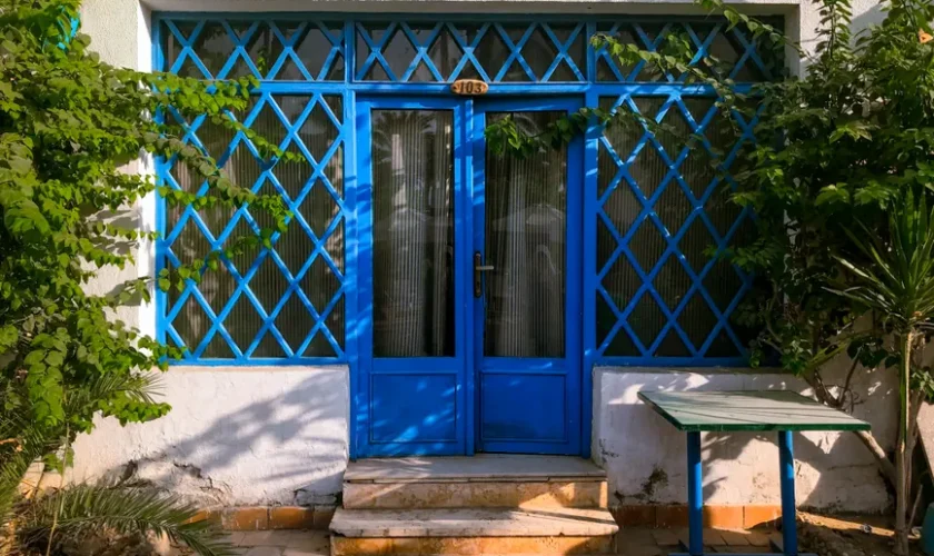 Inviting blue lattice door surrounded by greenery, capturing Egyptian urban charm.