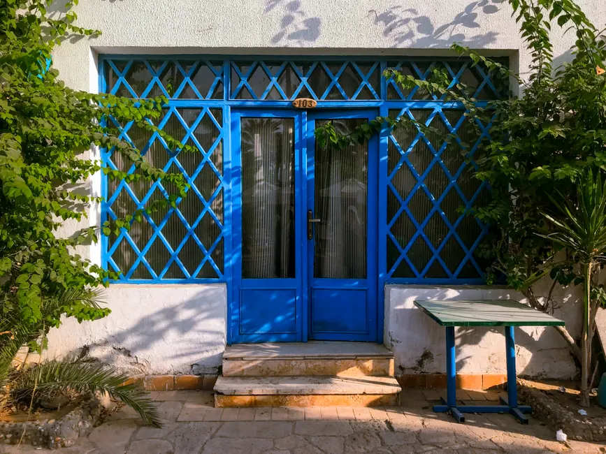 Inviting blue lattice door surrounded by greenery, capturing Egyptian urban charm.