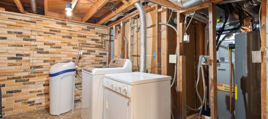 Spacious basement laundry room featuring modern appliances and exposed brickwork.