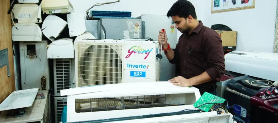 Technician repairing an air conditioner unit in New Delhi workshop.