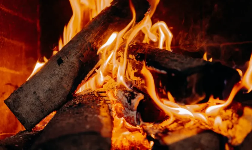 Warm and inviting close-up of burning logs in a fireplace, perfect for cozy interiors.
