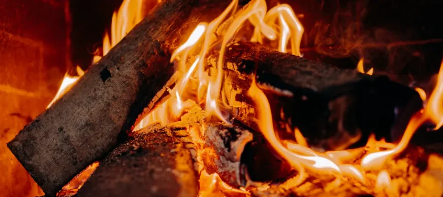 Warm and inviting close-up of burning logs in a fireplace, perfect for cozy interiors.
