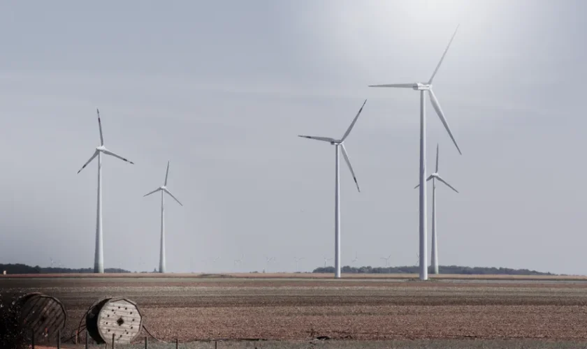 Wind turbines generating renewable energy in a vast open field under a clear sky.