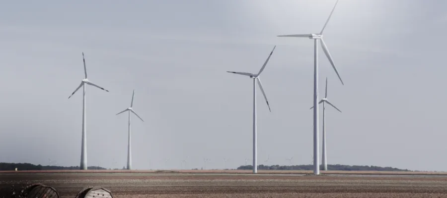 Wind turbines generating renewable energy in a vast open field under a clear sky.