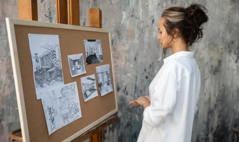 Woman in white blouse reviewing interior design sketches on a corkboard.