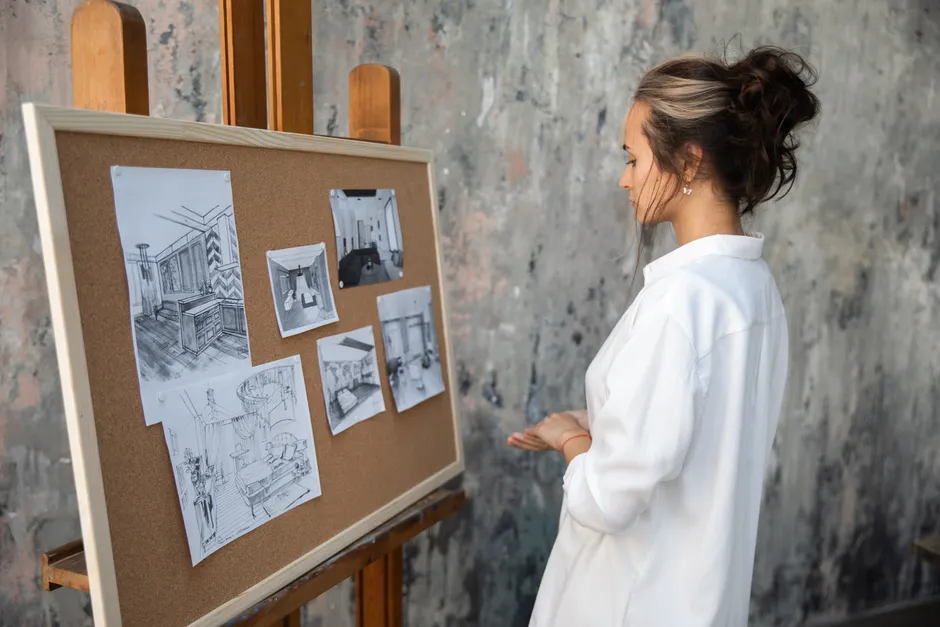 Woman in white blouse reviewing interior design sketches on a corkboard.