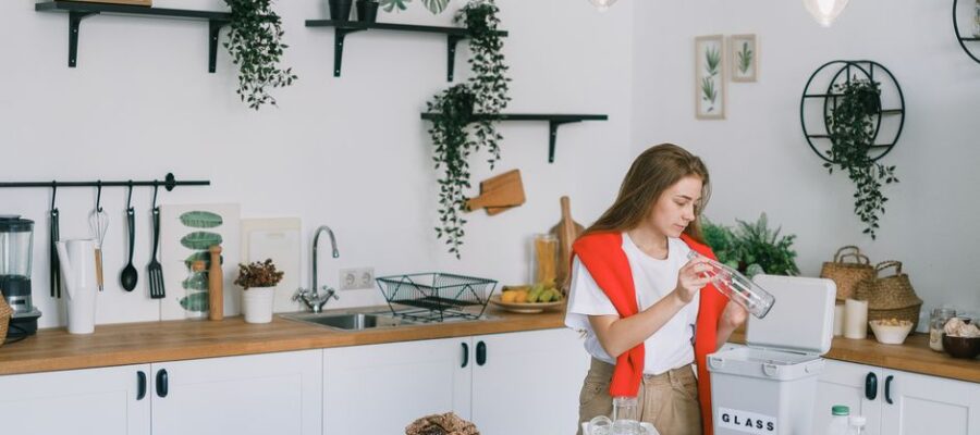 Young female in casual clothes standing in light modern kitchen with shelves and cabinets while sorting plastic glass and paper wastes