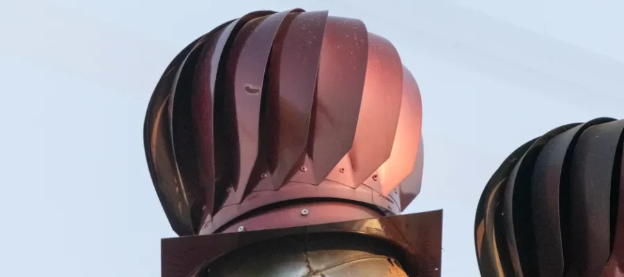 A detailed view of a rotating roof turbine ventilator against a clear sky in İzmir, Türkiye.