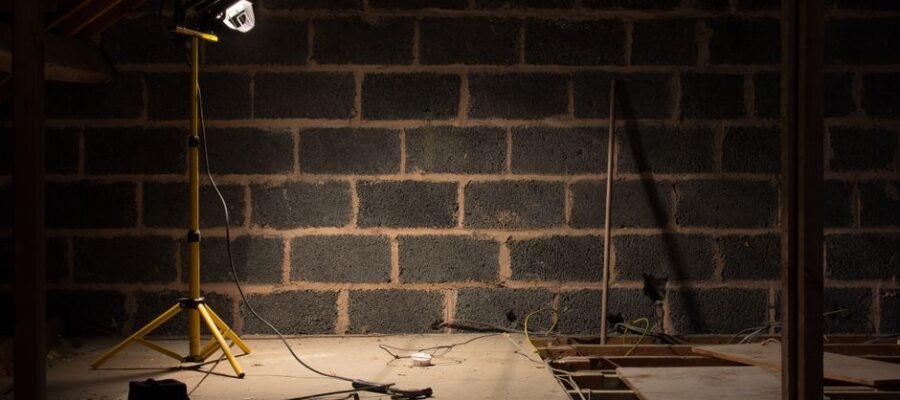 A dimly lit attic space under renovation with a construction lamp illuminating the scene.