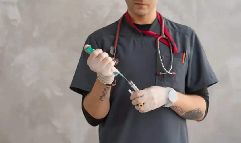 A healthcare worker in scrubs prepares a syringe with precision.