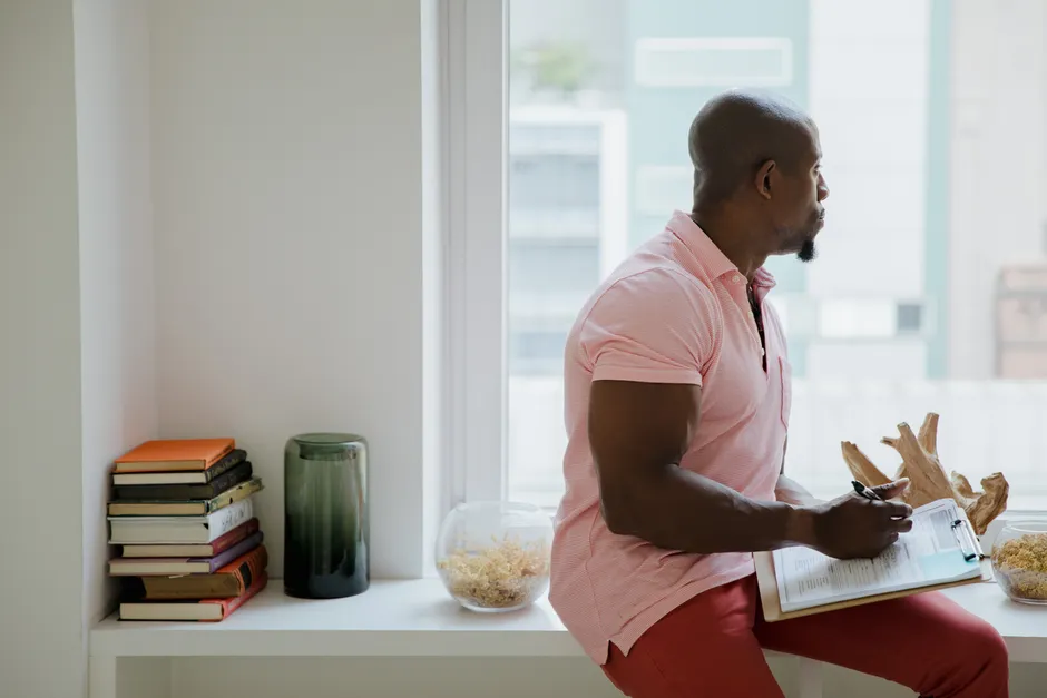 A man looks out a window, holding a clipboard, conveying thoughtfulness and introspection.