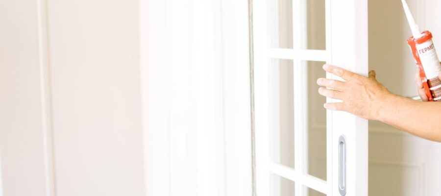 A person applies sealant to a sliding glass door, enhancing home aesthetics.