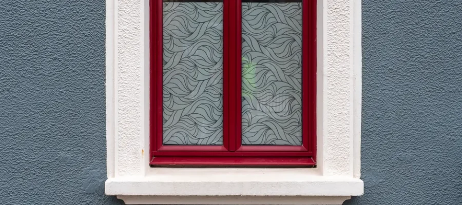 A stylish red-framed window with frosted glass against a textured blue wall.