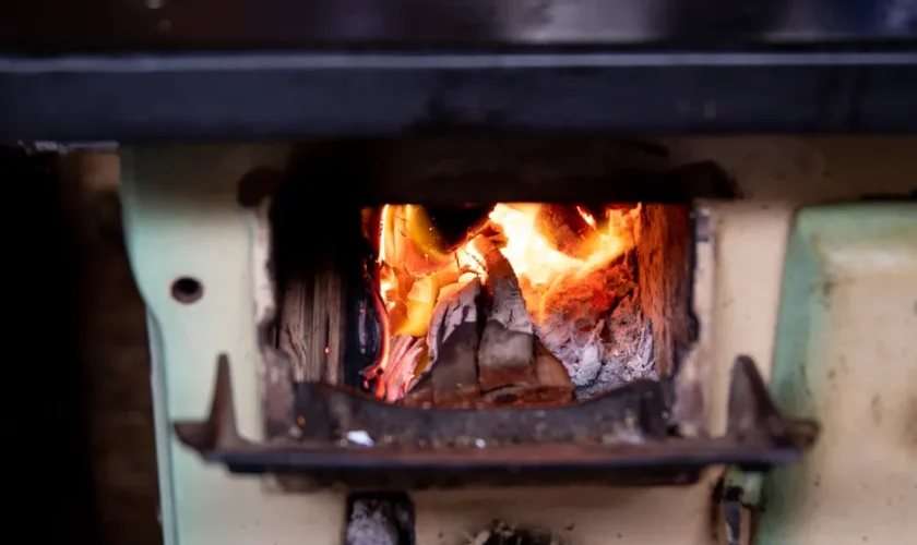 Close-up of a burning firewood in a vintage stove, providing warmth and nostalgia.